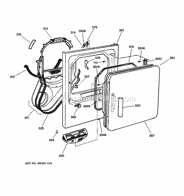 GE DBSR453GA1AA Gas Dryer Front Panel & Door Diagram