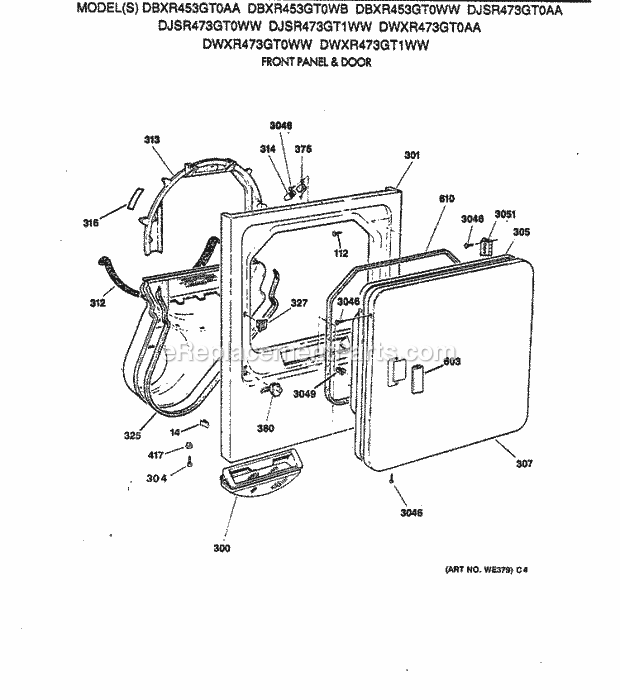 GE DBXR453GT0WB Gas Dryer Front Panel & Door Diagram