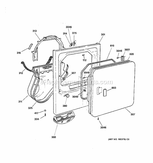 GE DBXR453GT5WB Gas Dryer Front Panel & Door Diagram