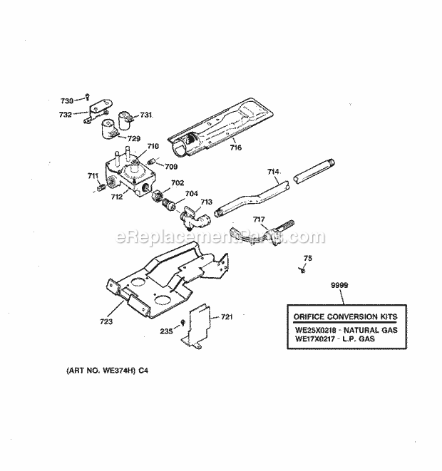 GE DBXR453GT5WB Gas Dryer Gas Valve & Burner Assembly Diagram