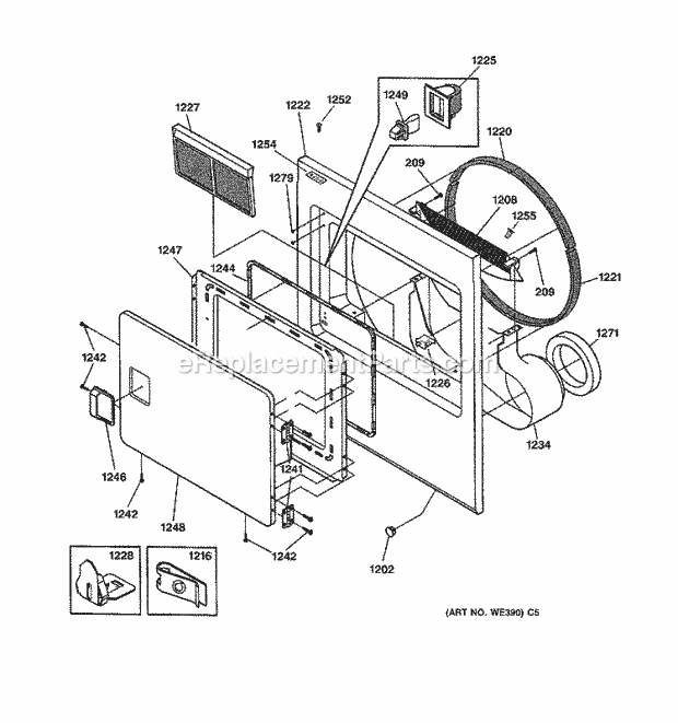 GE DCD330EY0WC Electric Dryer Front Panel & Lint Filter Diagram