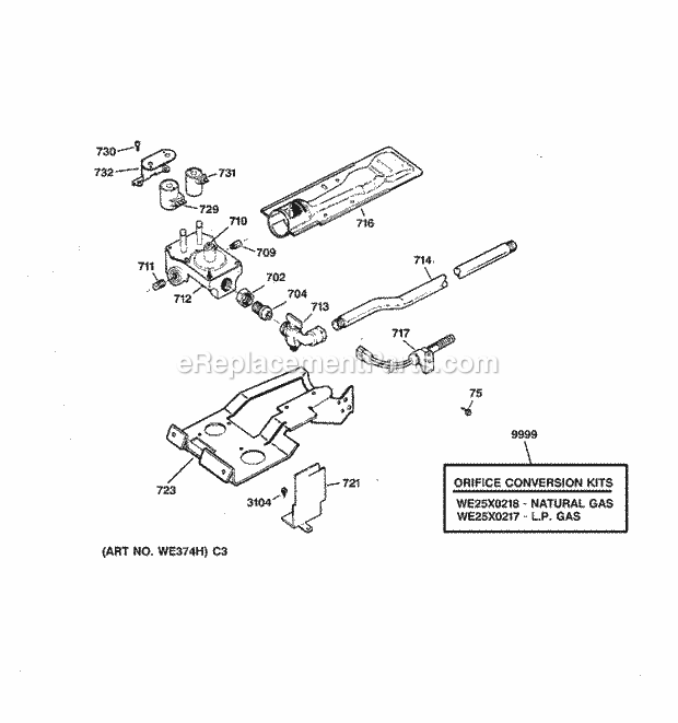 GE DCSR473GT6AA Gas Dryer Gas Valve & Burner Assembly Diagram