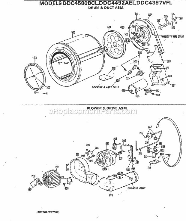 GE DDC4397VFL Gas Dryer Drum & Duct Asm. Diagram