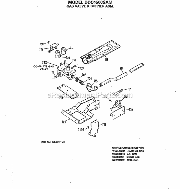 GE DDC4500SAM Gas Dryer Gas Valve & Burner Asm. Diagram