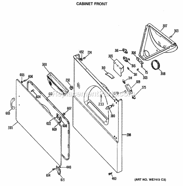 GE DDE7200RALAA Electric Dryer Cabinet Front Diagram