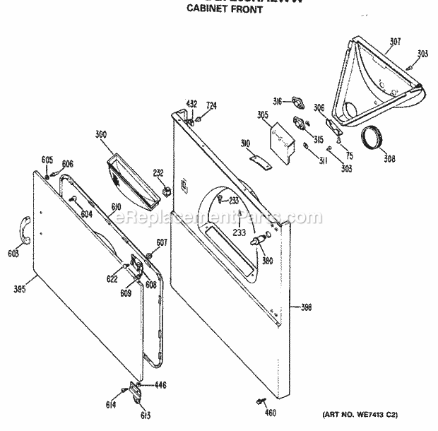 GE DDE7209RALWW Electric Dryer Cabinet Front Diagram