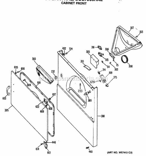 GE DDE7600RAL Electric Dryer Cabinet Front Diagram