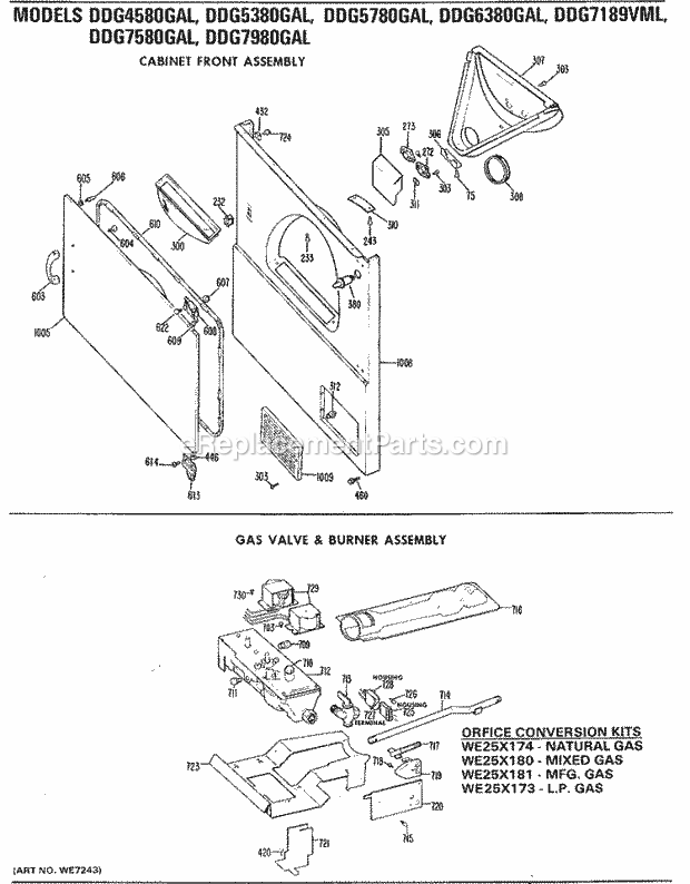 GE DDG5780GAL Gas Dryer Cabinet Front Assembly Diagram