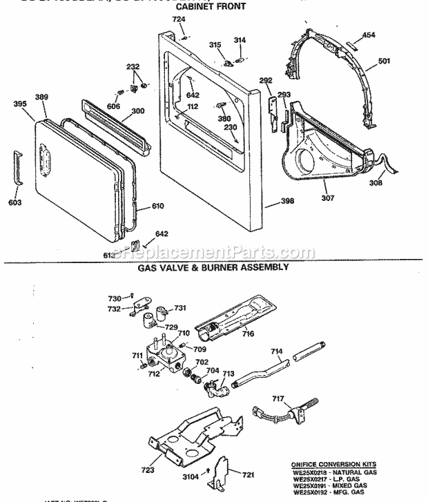 GE DDG7087SBLWW Gas Dryer Cabinet Front Diagram