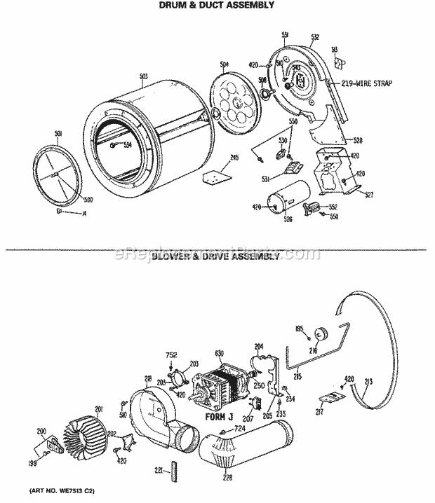 GE DDG7287RCL Gas Dryer Drum & Duct Assembly Diagram