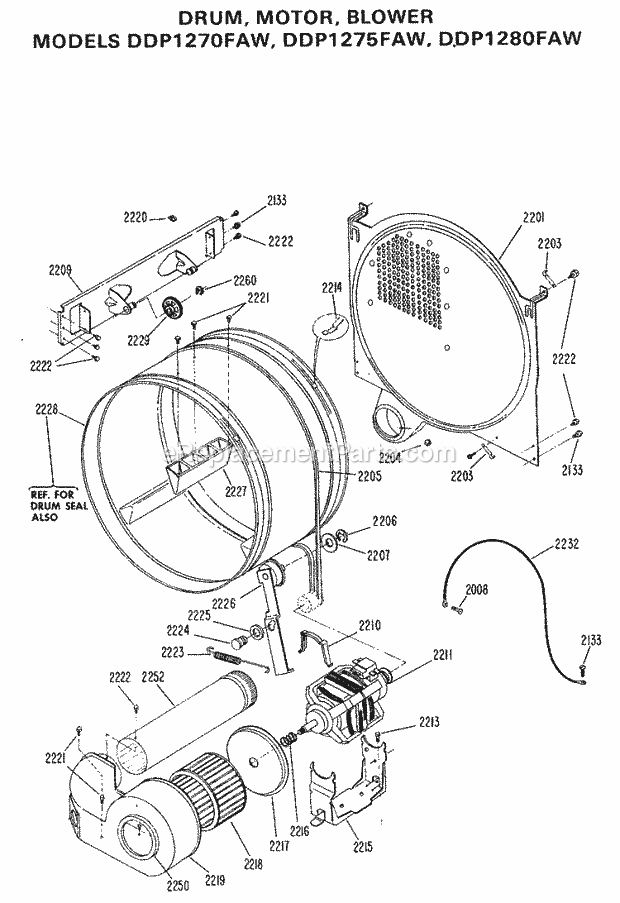 GE DDP1275FAW Electric Dryer Drum, Motor, Blower Diagram