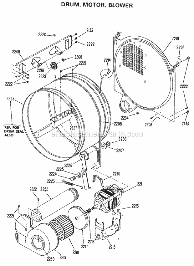 GE DDP1280CAW Electric Dryer Drum, Motor, Blower Diagram