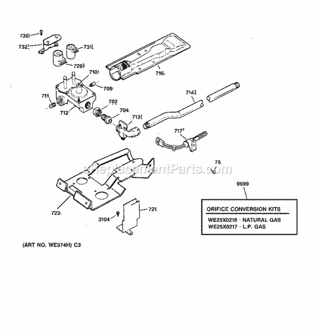 GE DDSR475GT3WW Gas Dryer Gas Valve & Burner Assembly Diagram