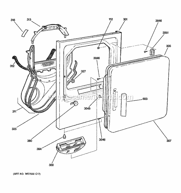 GE DISR333FTAWW Gas Dryer Front Panel & Door Diagram