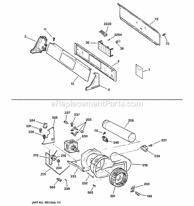 GE DNCD450EA1WC Electric Dryer Controls, Backsplash, Blower & Motor Diagram