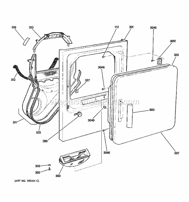 GE DNCJ440EA1WC Electric Dryer Front Panel & Door Diagram