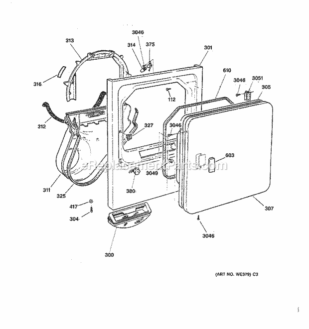 GE DNSR473GV0AA Gas Dryer Front Panel & Door Diagram
