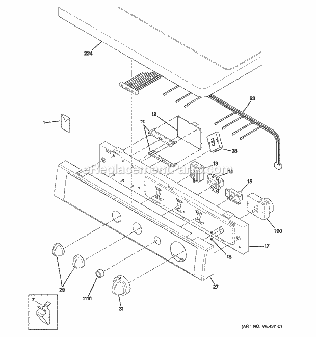 GE DPXH46GA6WW Gas Dryer Controls & Top Panel Diagram