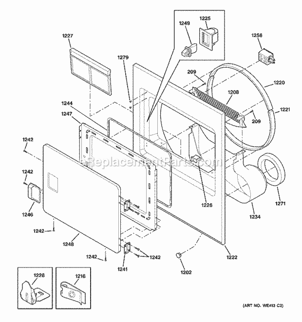 GE DR4500EA0WW Electric Dryer Front Panel & Lint Filter Diagram