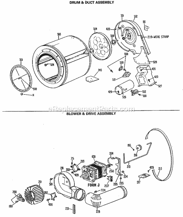 GE DRL2455RAL Gas Dryer Drum & Duct Assembly Diagram