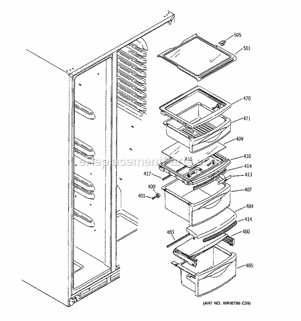 GE DSD26DGWABG Refrigerator W Series Fresh Food Shelves Diagram