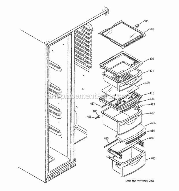 GE DSD26DHWABG Refrigerator W Series Fresh Food Shelves Diagram