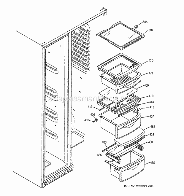 GE DSF26DHWABB Refrigerator W Series Fresh Food Shelves Diagram