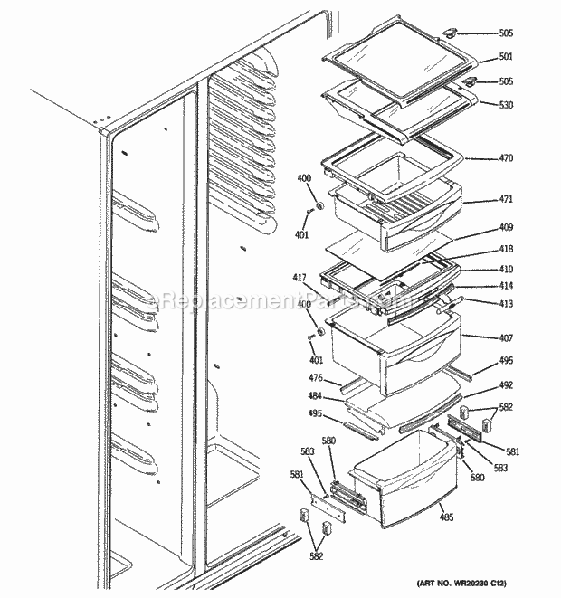 GE DSHF9NGYACWW Fresh Food Shelves Diagram