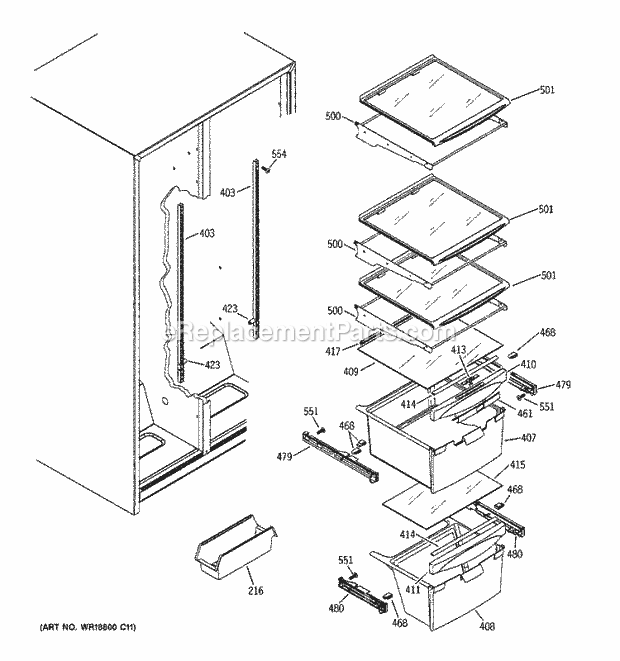 GE DSS25JFPAWW Refrigerator Fresh Food Shelves Diagram