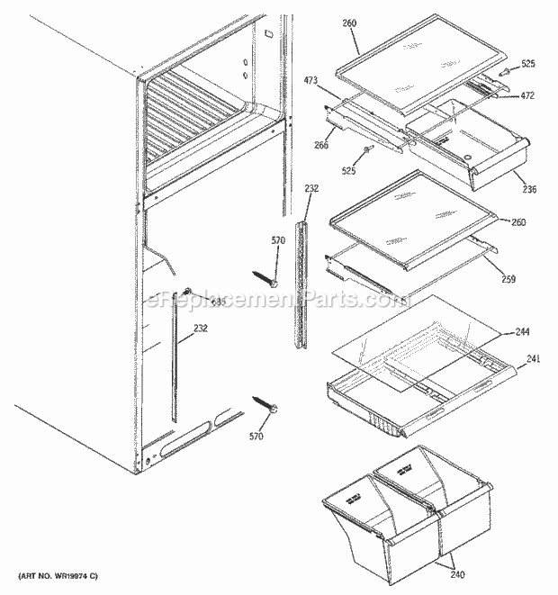 GE DTL18ICSPRBS Refrigerator Fresh Food Shelves Diagram