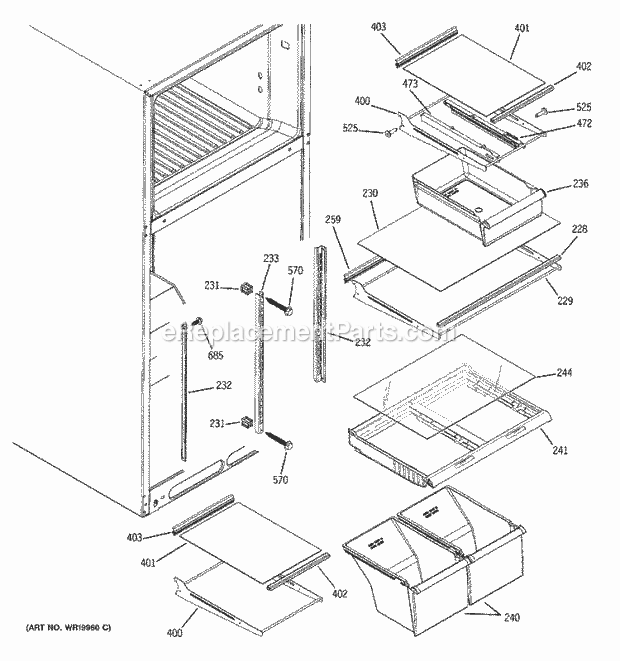 GE DTS18ICRMRBB Refrigerator Fresh Food Shelves Diagram