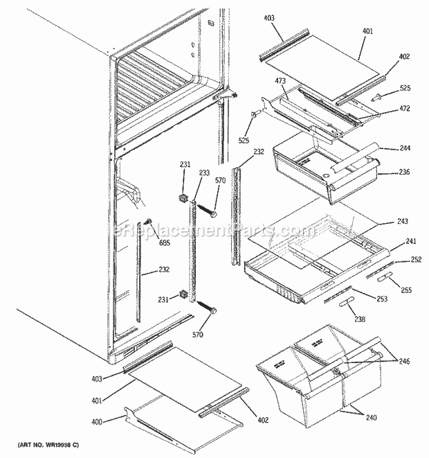 GE DTS18ZBRRRWW Refrigerator Fresh Food Shelves Diagram