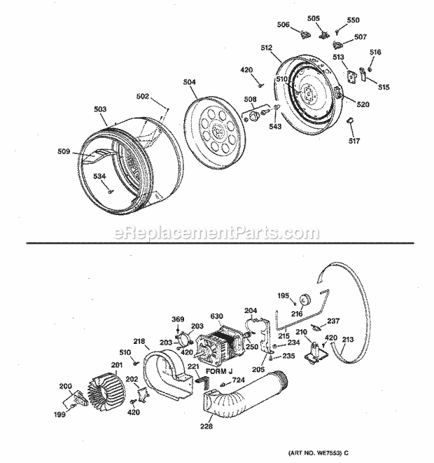 GE DWLR473ET1AA Electric Dryer Drum, Heater Asm., Blower & Drive Asm. Diagram