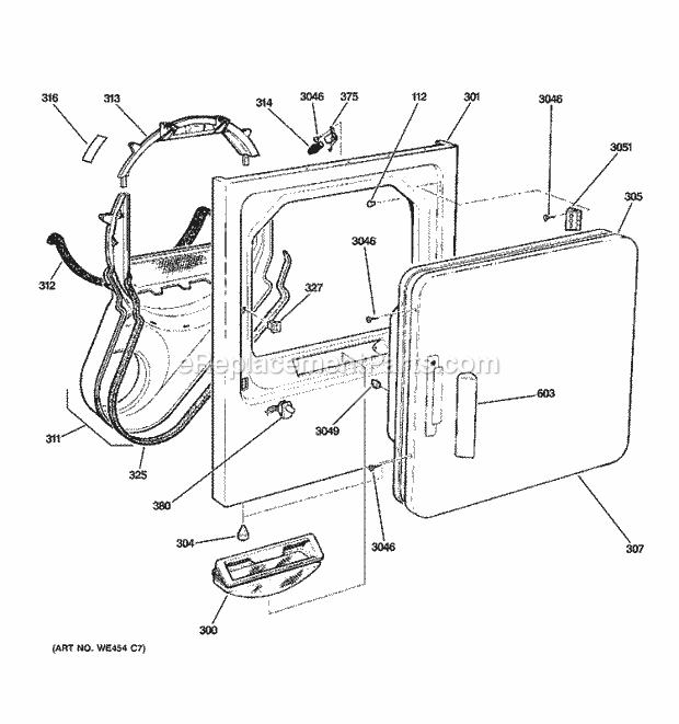 GE DWSR463GG0WW Gas Dryer Front Panel & Door Diagram