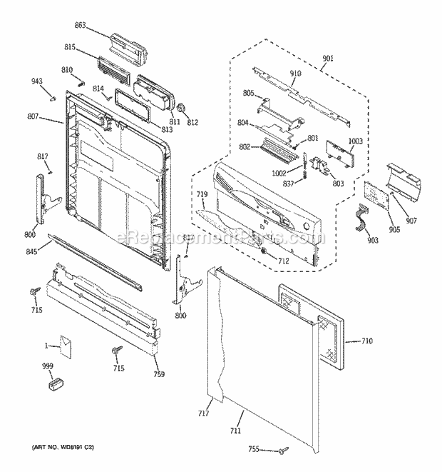 GE EDW6100N20CC Dishwasher Escutcheon & Door Assembly Diagram