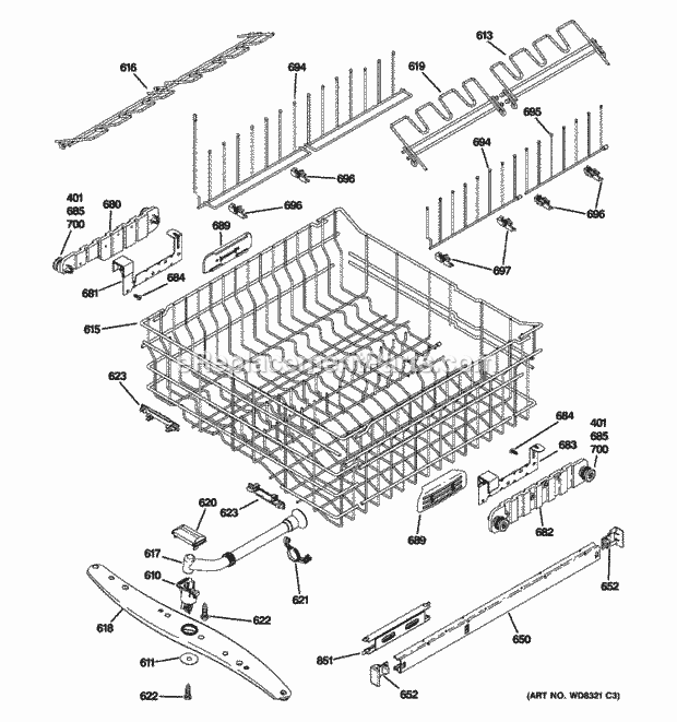 GE EDWF800P00WW Upper Rack Assembly Diagram