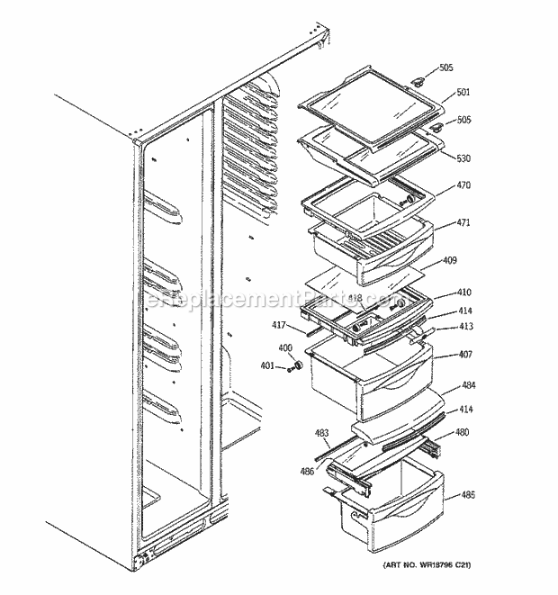 GE ESF25KGTAWW Refrigerator Fresh Food Shelves Diagram