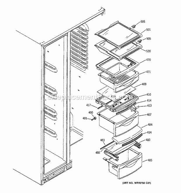 GE ESF25LGRDWW Refrigerator Fresh Food Shelves Diagram