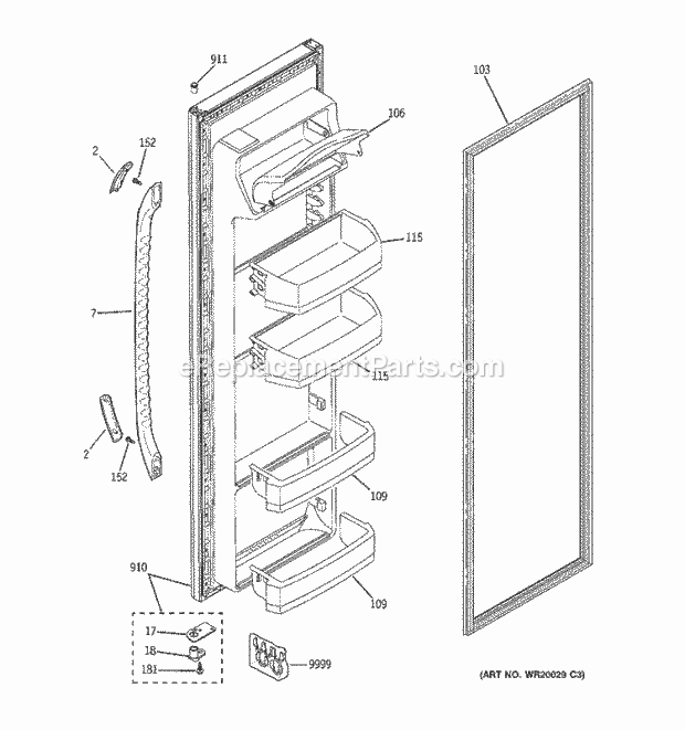 GE ESH22JFWABB Refrigerator W Series Fresh Food Door Diagram