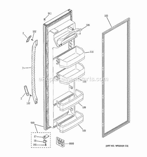 GE ESH22JFWCWW Refrigerator W Series Fresh Food Door Diagram