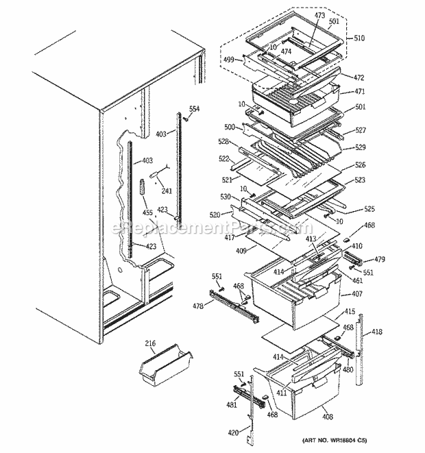 GE ESH22XGPBWW Refrigerator Fresh Food Shelves Diagram