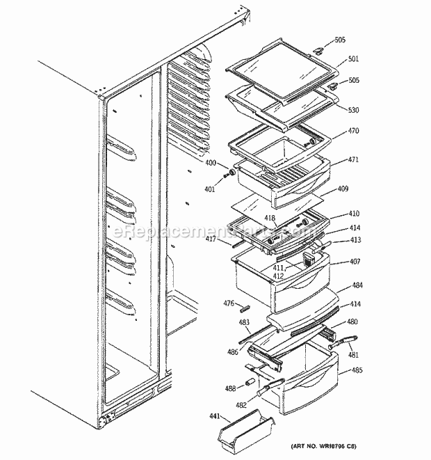 GE ESS25LGMBWW Refrigerator Fresh Food Shelves Diagram