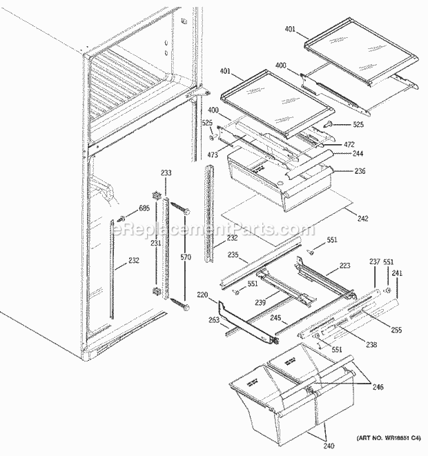 GE ETS18XBPFRCC Refrigerator Fresh Food Shelves Diagram