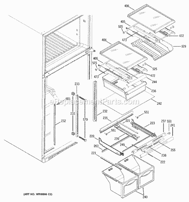 GE ETS19XBMCRBB Refrigerator Fresh Food Shelves Diagram