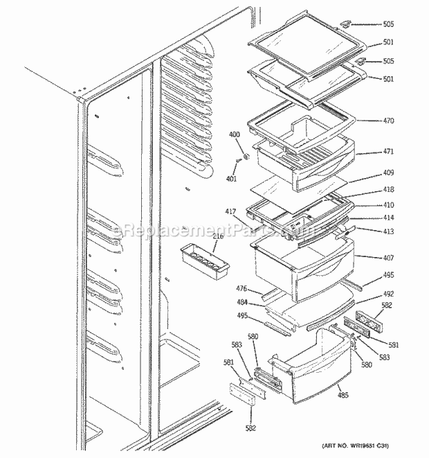 GE GCE21IETAFWW Refrigerator Fresh Food Shelves Diagram