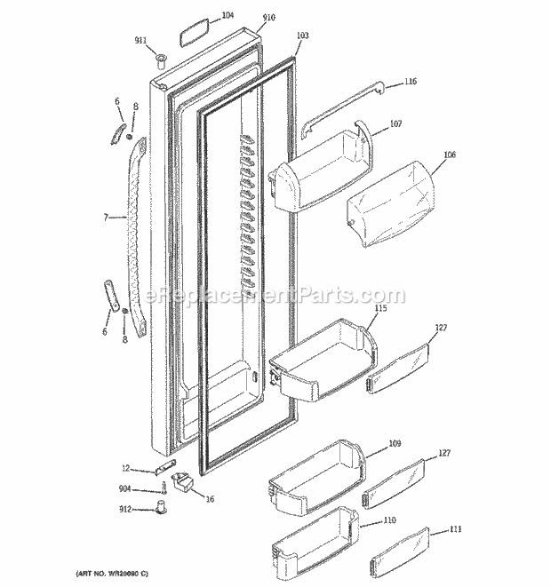 GE GCE23LBWAFWW Refrigerator W Series Fresh Food Door Diagram