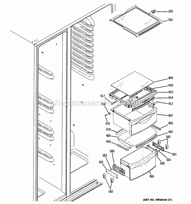 GE GCE23LBWIFWW Fresh Food Shelves Diagram