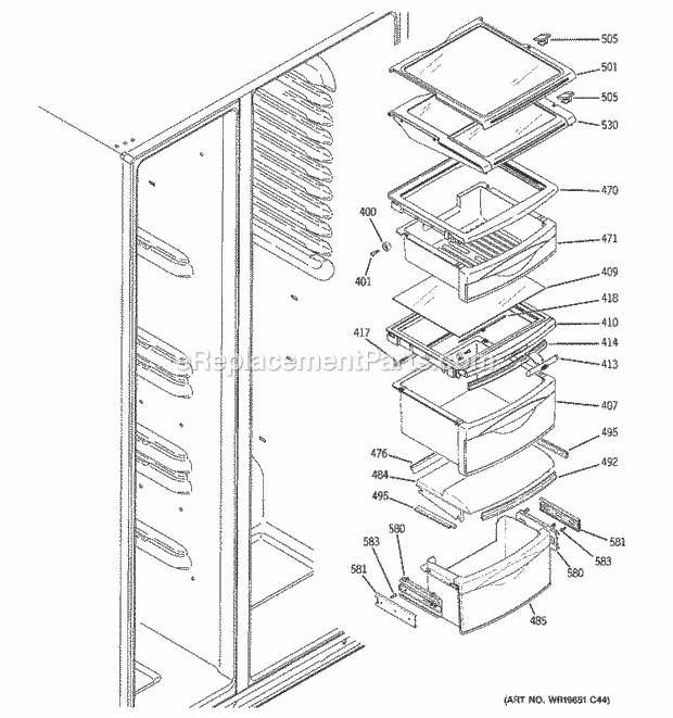 GE GCF23KGWAWW Refrigerator W Series Fresh Food Shelves Diagram