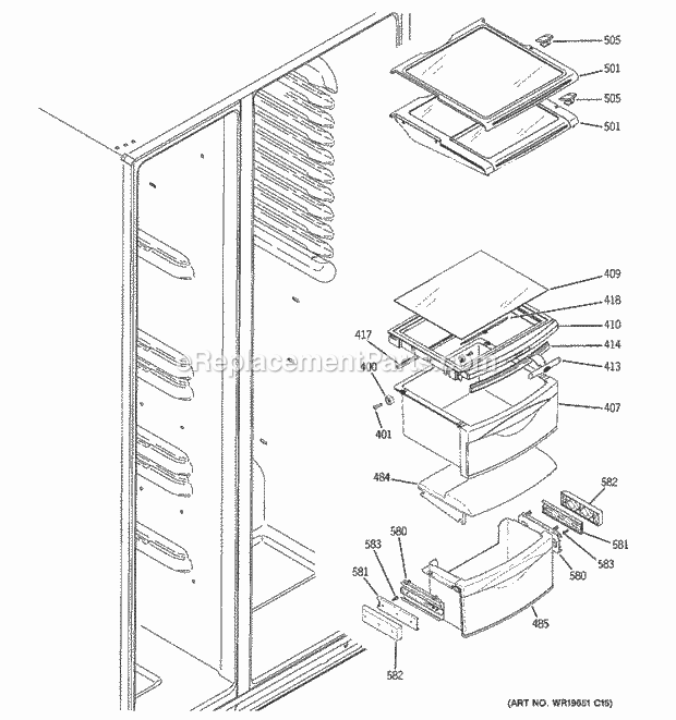 GE GCG21YESAFWW Refrigerator Fresh Food Shelves Diagram