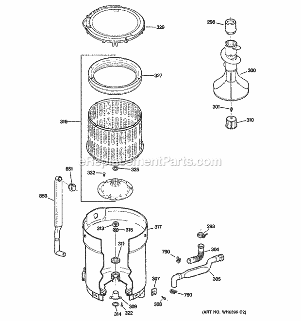 GE GCWN4950D0WS Tub, Basket & Agitator Diagram
